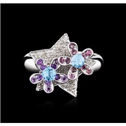 14KT White Gold 0.40ctw Amethyst, Topaz and Diamond Ring