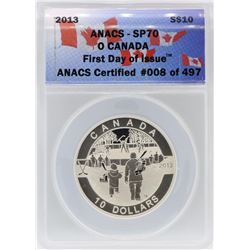 2013 ANACS SP70 $10 O Canada Hockey First Day of Issue Silver Coin