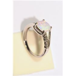 STERLING SILVER CREATED OPAL & DIAMOND RING
