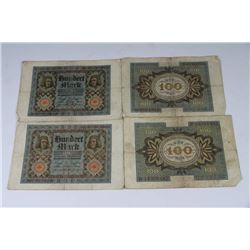 FOUR 1920 GERMAN 100 MARK BANKNOTES