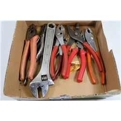 BOX OF PLIERS & WRENCHES