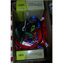 BOX OF PET CARRIER, HARNESS, LEASH, BACKPACK, ETC.