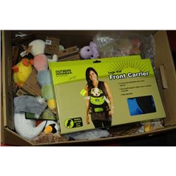 BOX OF DOG TOYS AND FRONT STYLE POOCH CARRIER