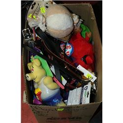 BOX OF DOG TOYS, COLLARS ETC