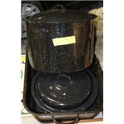 2 ENAMEL POTS & ROASTING PAN WITH LIDS