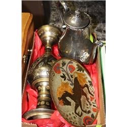 STAMPED SILVER PLATED TEA POT, BRASS VASE, PLATE