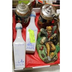 TWO LIQUOR BOTTLES, BEER STEINS 1970 LAZYLIFE #811