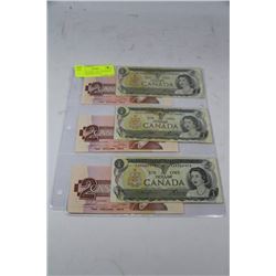 SHEET OF THREE 1986 CANADIAN 2 DOLLAR BANKNOTES &