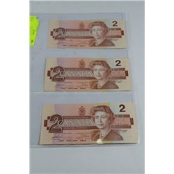 1986 CANADIAN 2 DOLLAR BANKNOTES X3