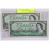 Image 1 : GEM UNC 1954 1 DOLLAR BANKNOTES CONSECUTIVE S/N X2