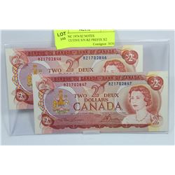 GEM UNC 1974 $2 NOTES CONSECUTIVE S/N RZ PREFIX X2