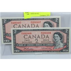 GEM UNC 1954 TWO DOLLAR NOTES CONSECUTIVE S/N X2