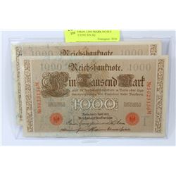 1910 GERMAN 1,000 MARK NOTES CONSECUTIVE S/N X2
