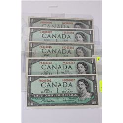 1954 CANADA 1 DOLLAR BANKNOTE X5