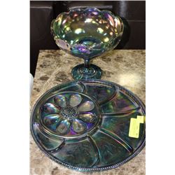 1970'S CARNIVAL GLASS DEVILED EGG PLATTER & FRUIT