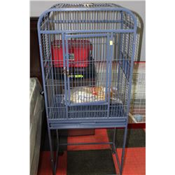BLUE METAL BIRDCAGE ON STAND WITH ACCESSORIES