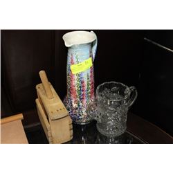 DECORATIVE WATER JUG, VINTAGE PRESS & GLASS CUP