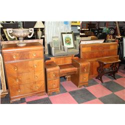 VINTAGE BEDROOM SET, HIGHBOY DRESSER WITH MIRROR,