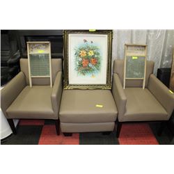 TAN LEATHERETTE OTTOMAN WITH 2 ARM CHAIRS