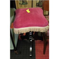 ANTIQUE BURGUNDY SWIVEL STOOL WITH FRINGE BORDER