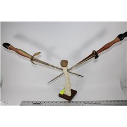 WOOD & BONE CARVED DAGGERS & STAND