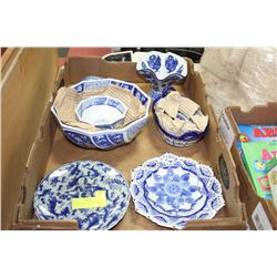 TRAY OF BLUE AND WHITE DISHES, BOWLS ETC.
