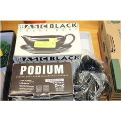 BLACK GRAVY BOAT, SUGAR BOWL & CREAMER & SERVING