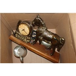 BOX OF COLLECTIBLES INCLUDING HORSE CLOCK,