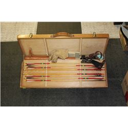 WOODEN ARCHERS CASE WITH ARROWS, LEATHER