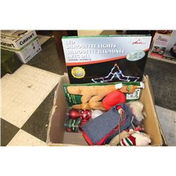 BOX OF CHRISTMAS LIGHTS AND DECORATIONS