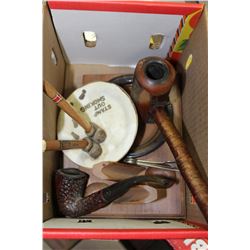BOX OF COLLECTIBLES INCLUDING PIPES, SMOKERS STAND
