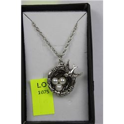 SILVER PLATED AND PEARL BIRD'S NEST PENDANT ON