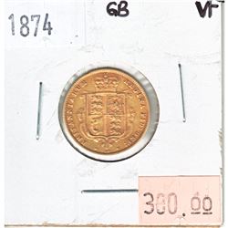 1874 Great Britain Gold Half Sovereign in Very Fine Condition. This piece contains .917 Pure Gold an