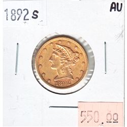 1892-S United States Five Dollar Gold coin. This piece contains .900 Pure Gold and has a weight of  