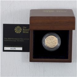 Limited Edition 2014 Great Britain Proof Gold Sovereign coin with Certificate of Authenticity and Di