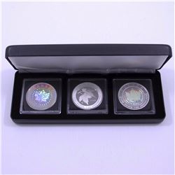 Lot of 3x hologram Commemorative $5 Silver Maple Leaf Coins in Black Leatherette Display. You will r
