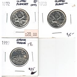 Lot of 3X Error Canadian 25-cent Coins. You will receive the Error 1972 Clipped Planchet (by the dat