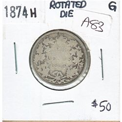 ROTATED DIE ERROR 1874H Canada 25-cent with Rotated Die of about 30%.