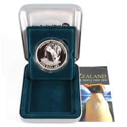 2005 Reserve Bank of New Zealand $5 Fiordland Crested Penguin Fine Silver Proof Coin. (Tax exempt)