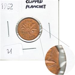 Error Clipped Planchet on a 1962 Canada 1-cent.