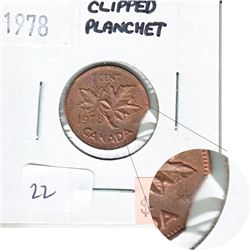 Error Clipped Planchet on a 1978 Canada 1-cent.