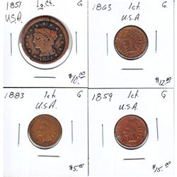 Estate Lot of United States cents dated 1851, 1859, 1863 and 1883. Sold as is, no returns. 4pcs