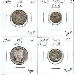 Estate Lot of United States coins; 1897 Nickel, 1901 Quarter, 1857 1/2 Dime & 1865 3-cent. 4pcs
