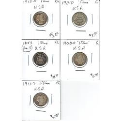 Estate Lot of United States coins; 1911S Dime, 1912D Dime, 1911D dime, 1908-O Dime & 1853 Dime. 5pcs