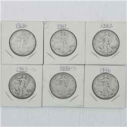 Estate Lot of USA Half Dollars dated 1943s, 1944S, 1946, 1941, 1936 and 1942. 6pcs