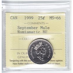 Mule Error 1999 September Canada 25-cent ICCS Certified MS-66 (missing the words "25 Cents")