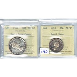1953 Small Date 25ct ICCS MS64 & 1953 Small Date 50ct ICCS MS62 Cameo. 2pcs