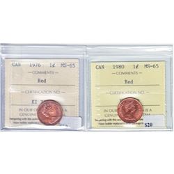 1976 & 1980 Canada 1-cents ICCS Certified MS-65 Red. 2pcs