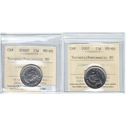 2006P & 2007 Coloured Toronto Maple Leaf 25ct ICCS Certified MS-66 NBU