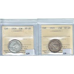 1928 & 1929 Canada 25-cent ICCS Certified VF-20. 2pcs
